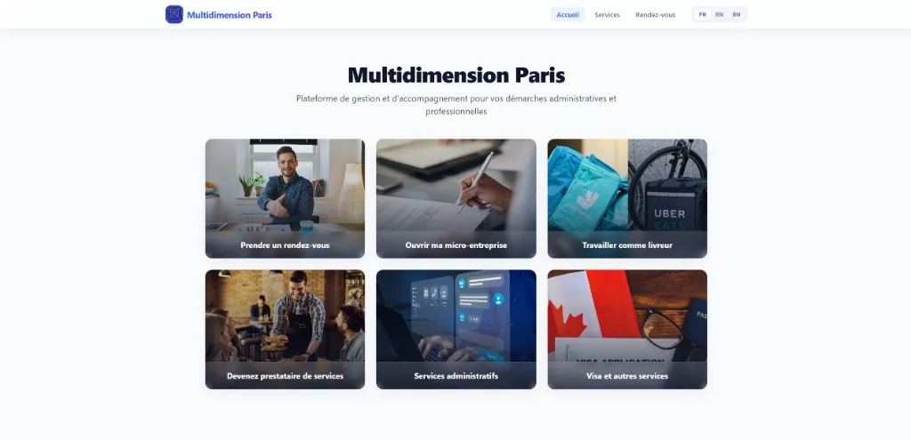 Multidimension Paris services platform homepage with appointment booking and administrative support categories